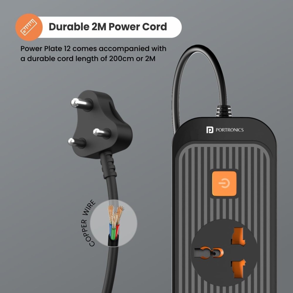 Portronics Power Plate 12 Extension Board | 4 Universal Sockets | 2M Cord | 1500W Fireproof Power Strip (Black)