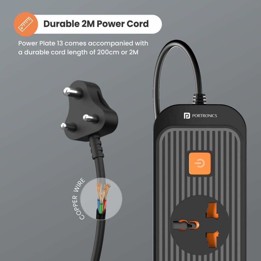 Portronics Power Plate 13 Extension Board 1500W with 5 Power Sockets, 2M Cord, Fireproof Material & Short Circuit Protection – (Black)