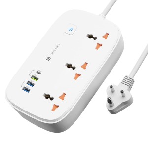 Portronics Power Plate 16 Extension Board | 45W Type-C PD, 3 Universal Sockets, 3 USB Ports, 2M Cord, 1440W-(White)