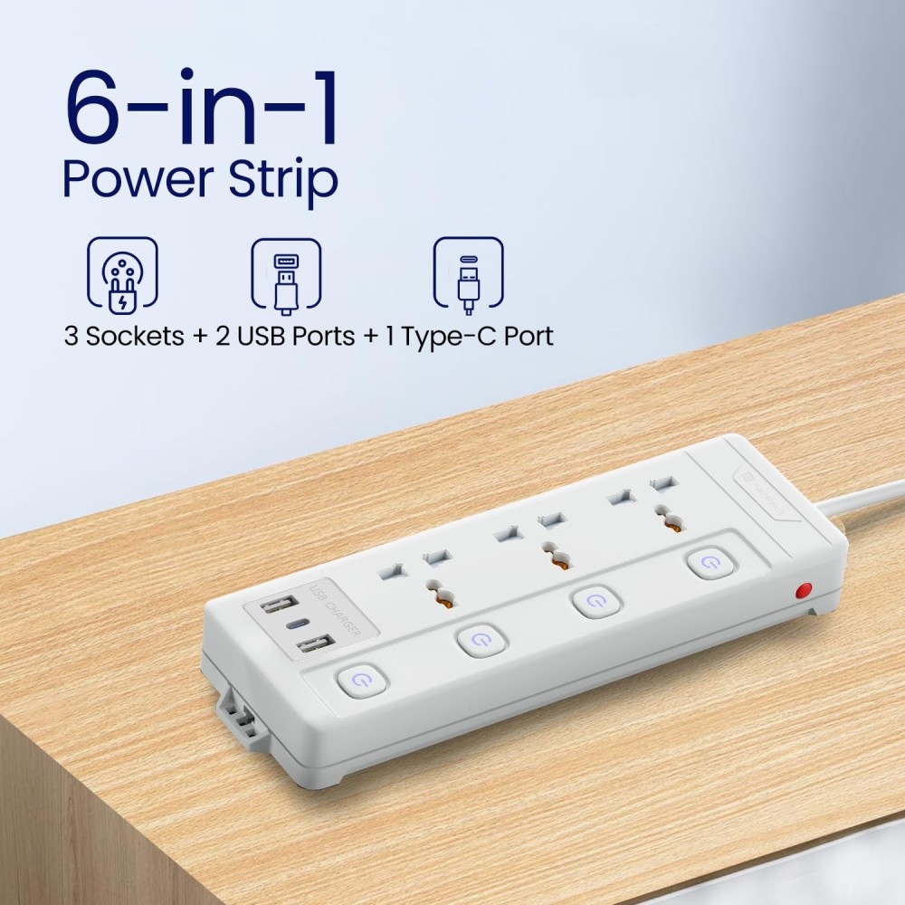 Portronics Power Plate 18 Extension Board with 3 Universal Sockets, USB-A & USB-C Fast Charging, 3M Heavy-Duty Cord, 1500W Power Strip – (White)