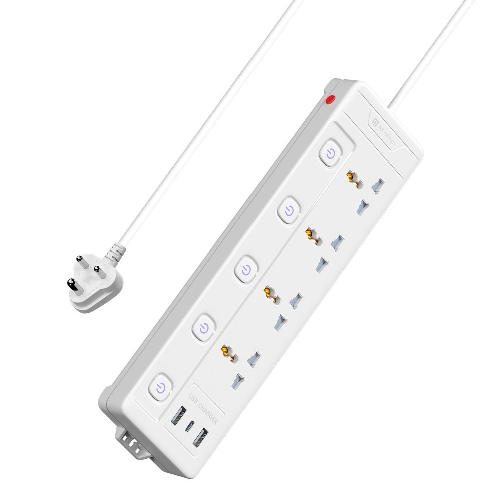 Portronics Power Plate 19 Extension Board with 4 Universal Sockets, 3m Heavy-Duty Cord, 2000W Power Strip, 5 Individual Switches-(White)