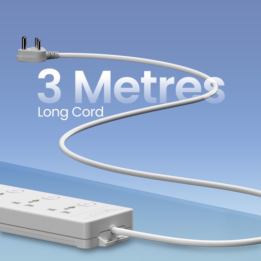 Portronics Power Plate 19 Extension Board with 4 Universal Sockets, 3m Heavy-Duty Cord, 2000W Power Strip, 5 Individual Switches-(White)