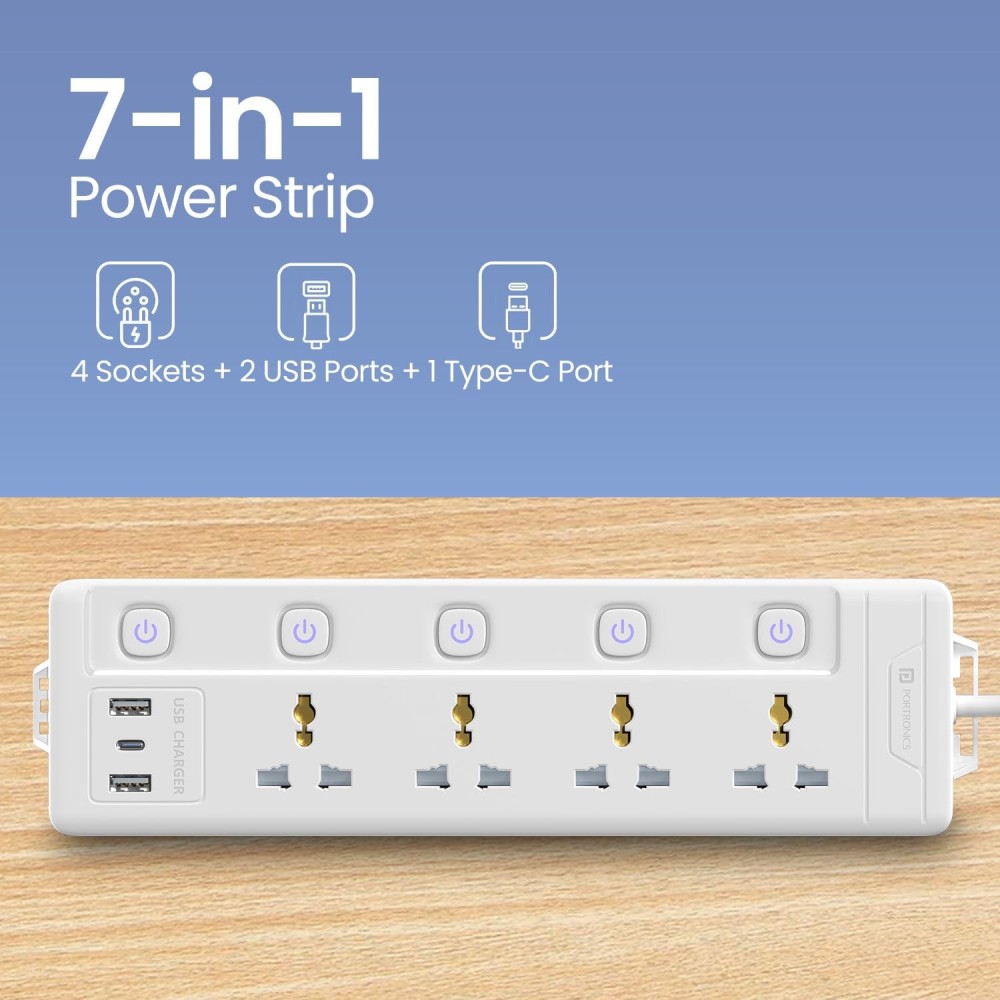 Portronics Power Plate 19 Extension Board with 4 Universal Sockets, 3m Heavy-Duty Cord, 2000W Power Strip, 5 Individual Switches-(White)