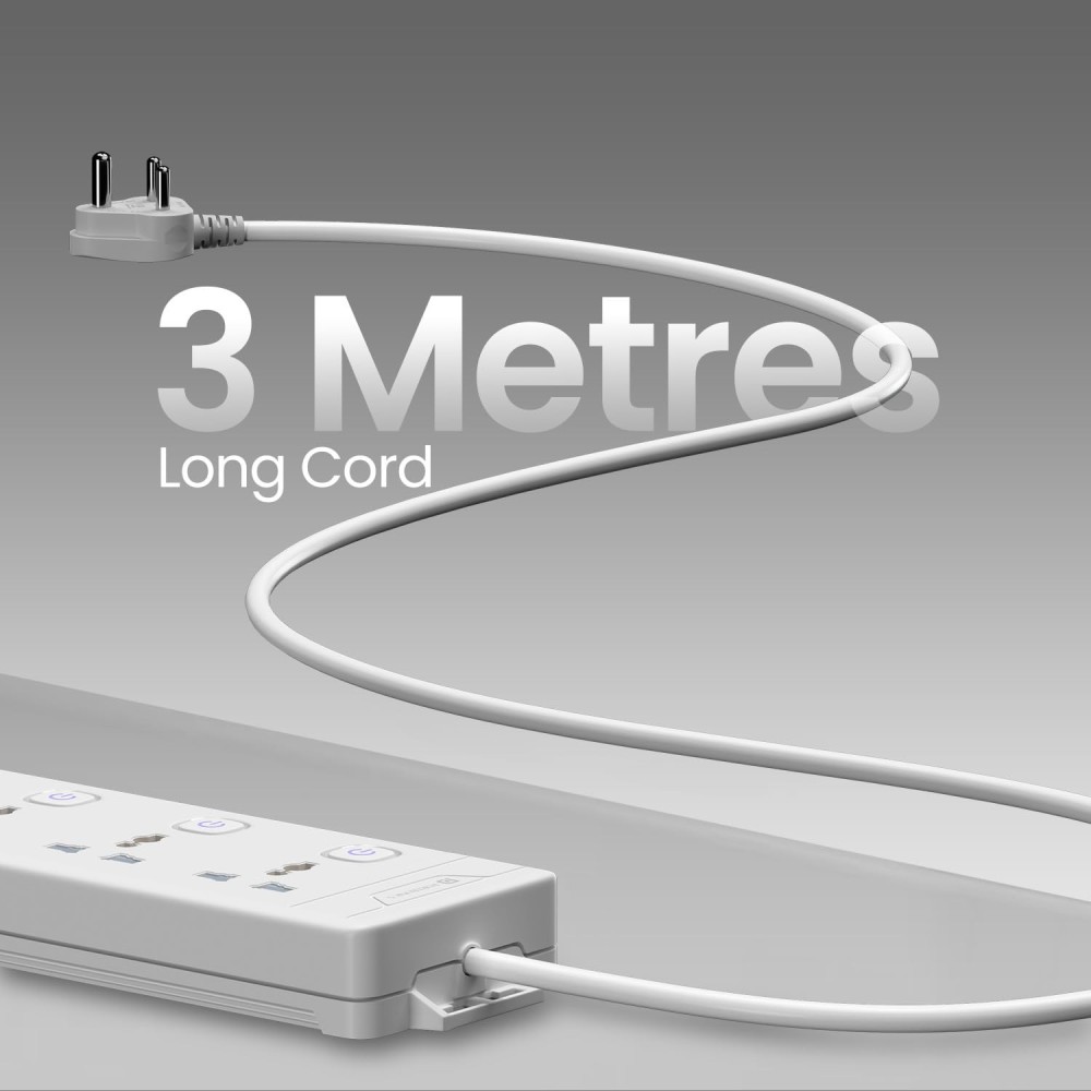 Portronics Power Plate 20 Extension Board | 5 Universal Sockets | 3M Cord | 2500W Power Strip | 6 Individual Switches-(White)