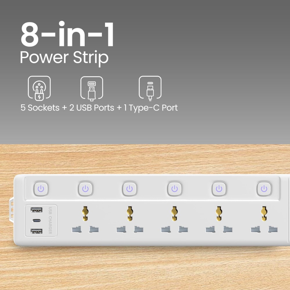 Portronics Power Plate 20 Extension Board | 5 Universal Sockets | 3M Cord | 2500W Power Strip | 6 Individual Switches-(White)