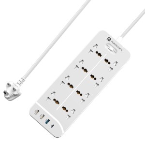 Portronics Power Plate 23 Extension Board 2500W | 8 Universal Sockets, 20W Type-C PD, 3 USB Ports, 3M Cord | White Multi Plug Power Strip for Home & Office(White)