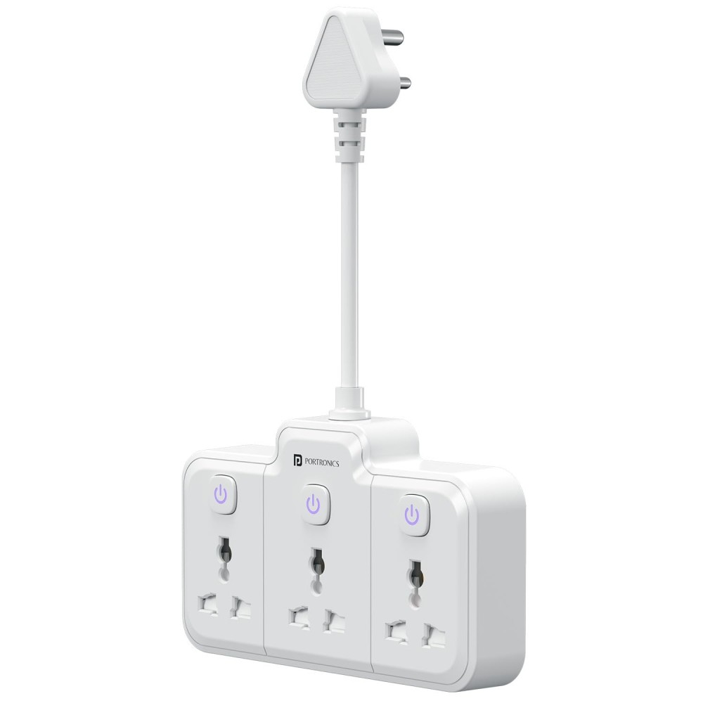 Portronics Power Plate Nano 2500W 3-in-1 Power Extender | 3 Universal Sockets, Individual Switches, 180° Flexible Cord, Child Safety-(White)