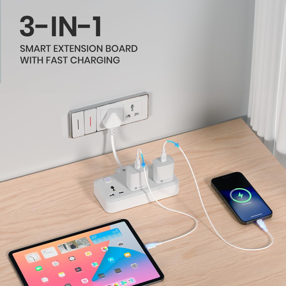 Portronics Power Plate Nano 2500W 3-in-1 Power Extender | 3 Universal Sockets, Individual Switches, 180° Flexible Cord, Child Safety-(White)
