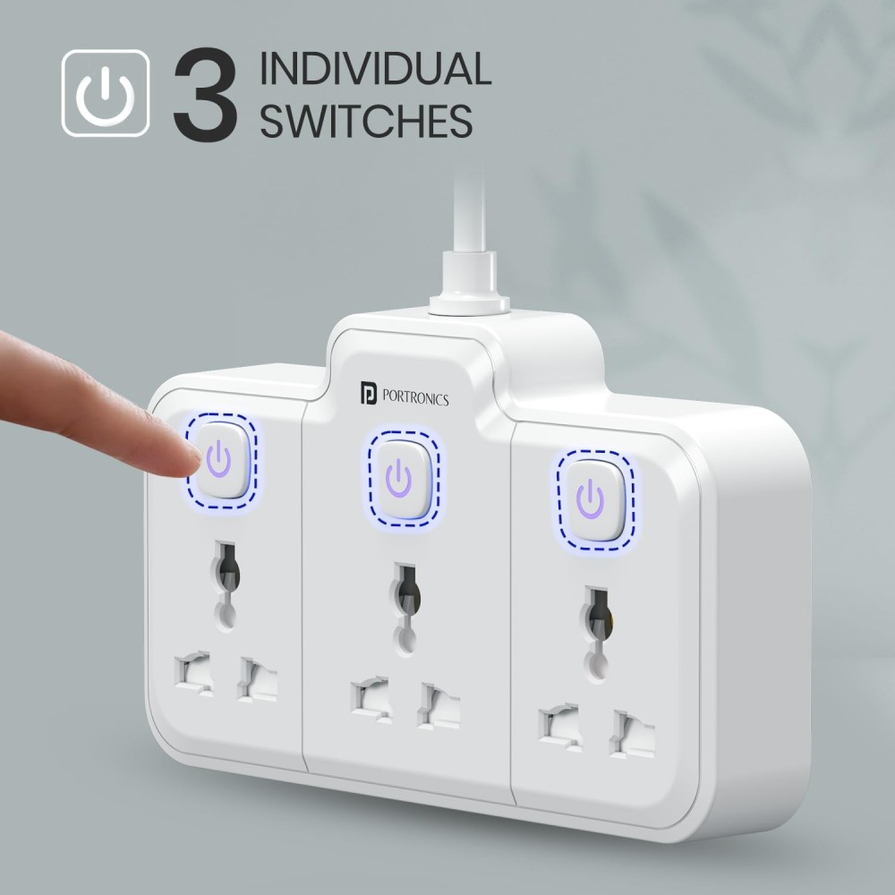 Portronics Power Plate Nano 2500W 3-in-1 Power Extender | 3 Universal Sockets, Individual Switches, 180° Flexible Cord, Child Safety-(White)