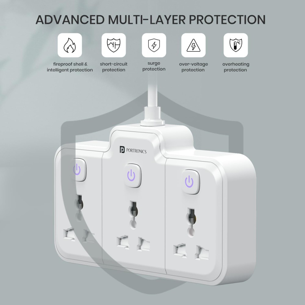 Portronics Power Plate Nano 2500W 3-in-1 Power Extender | 3 Universal Sockets, Individual Switches, 180° Flexible Cord, Child Safety-(White)
