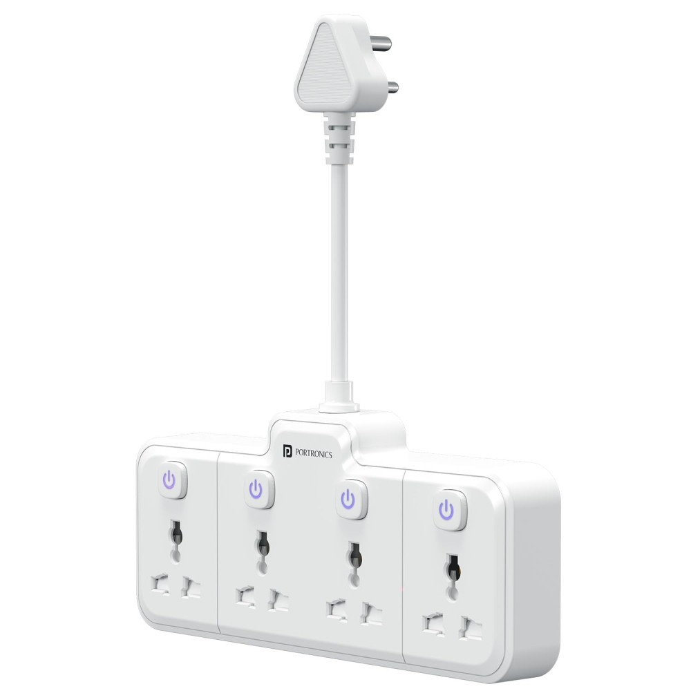 Portronics Power Plate Pro 2500W 4-in-1 Power Extender with 4 Universal Sockets, Individual Switches & 180° Flexible Cord | Home & Office Power Strip-(White)