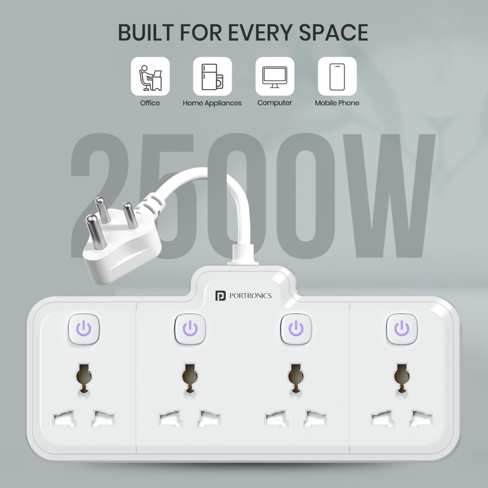 Portronics Power Plate Pro 2500W 4-in-1 Power Extender with 4 Universal Sockets, Individual Switches & 180° Flexible Cord | Home & Office Power Strip-(White)