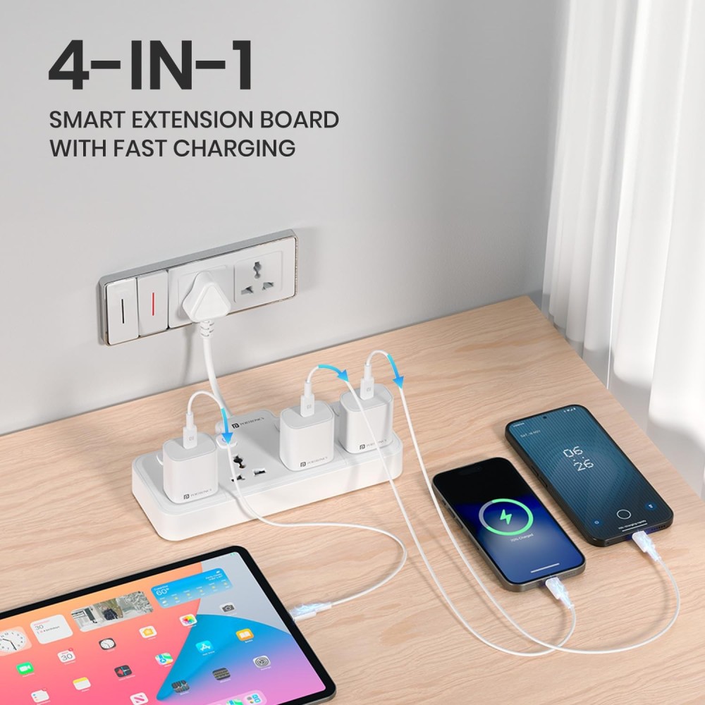 Portronics Power Plate Pro 2500W 4-in-1 Power Extender with 4 Universal Sockets, Individual Switches & 180° Flexible Cord | Home & Office Power Strip-(White)