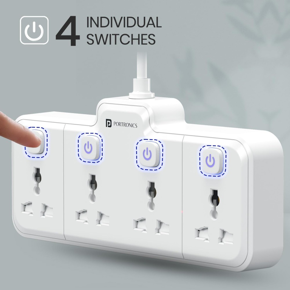 Portronics Power Plate Pro 2500W 4-in-1 Power Extender with 4 Universal Sockets, Individual Switches & 180° Flexible Cord | Home & Office Power Strip-(White)