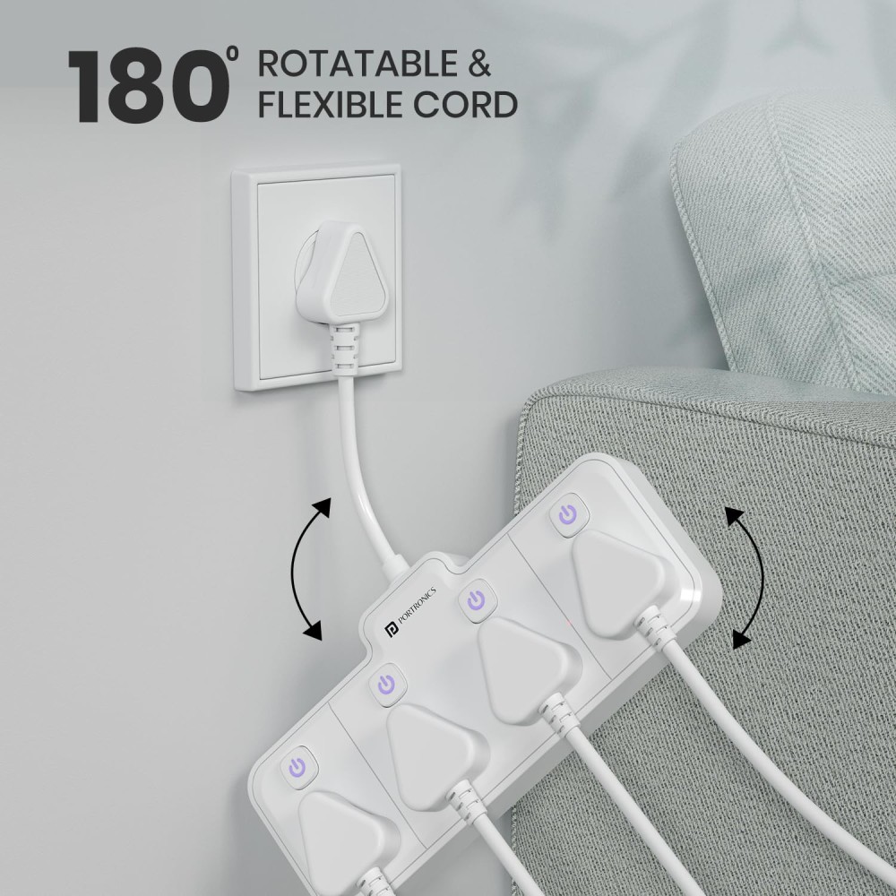 Portronics Power Plate Pro 2500W 4-in-1 Power Extender with 4 Universal Sockets, Individual Switches & 180° Flexible Cord | Home & Office Power Strip-(White)