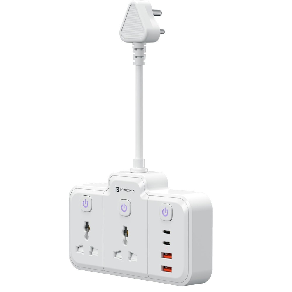 Portronics Power Plate Plus 2500W 6-in-1 Power Extender with 2 Universal Sockets & 4 USB Ports, Individual Switches, Child Safety Shutters-(White)