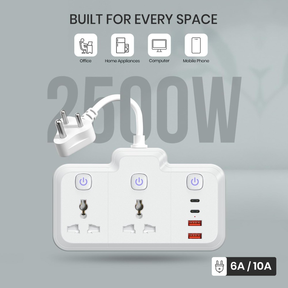 Portronics Power Plate Plus 2500W 6-in-1 Power Extender with 2 Universal Sockets & 4 USB Ports, Individual Switches, Child Safety Shutters-(White)