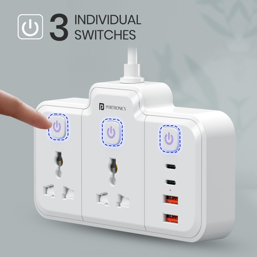 Portronics Power Plate Plus 2500W 6-in-1 Power Extender with 2 Universal Sockets & 4 USB Ports, Individual Switches, Child Safety Shutters-(White)