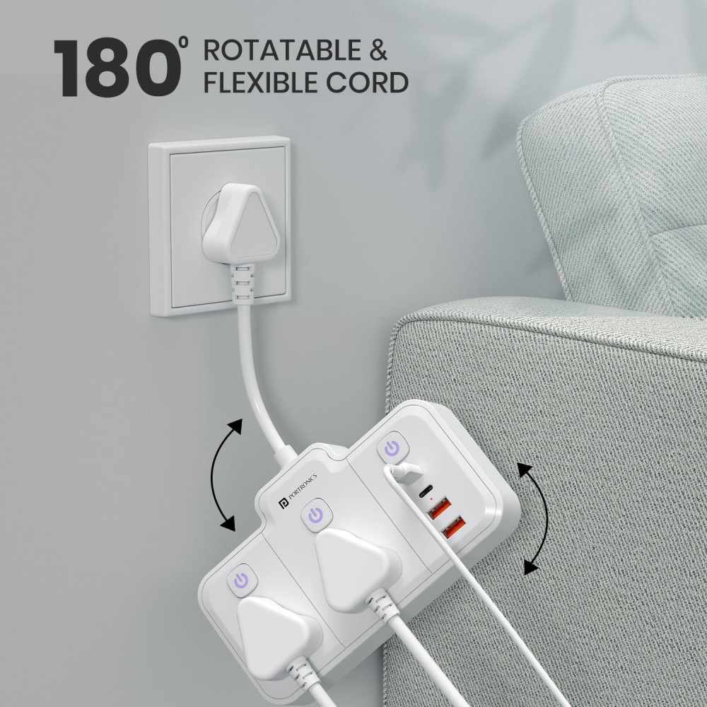 Portronics Power Plate Plus 2500W 6-in-1 Power Extender with 2 Universal Sockets & 4 USB Ports, Individual Switches, Child Safety Shutters-(White)