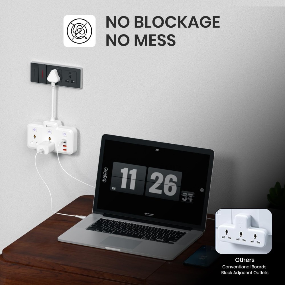Portronics Power Plate Plus 2500W 6-in-1 Power Extender with 2 Universal Sockets & 4 USB Ports, Individual Switches, Child Safety Shutters-(White)