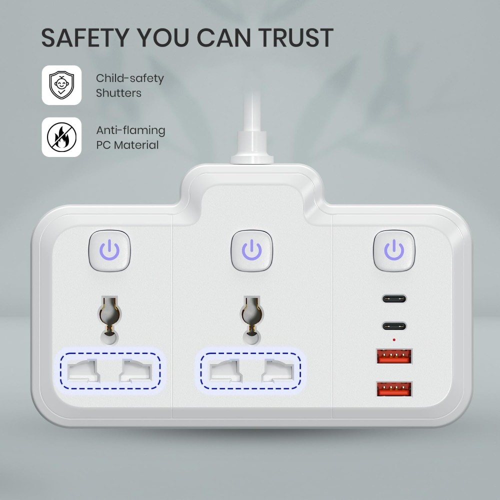 Portronics Power Plate Plus 2500W 6-in-1 Power Extender with 2 Universal Sockets & 4 USB Ports, Individual Switches, Child Safety Shutters-(White)