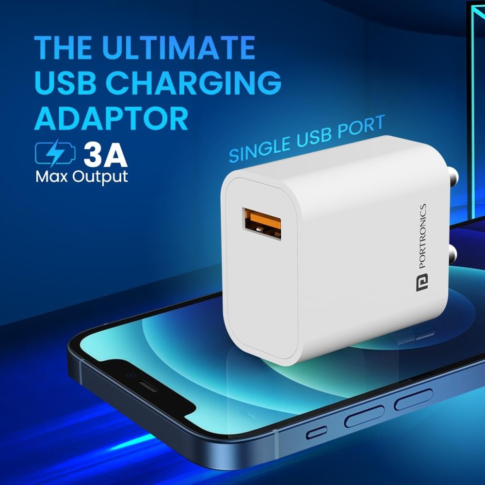 Portronics Adapto One Plus 18W 3A Fast Charging Adapter with 1M Micro USB Cable (White) | USB Wall Charger for iPhone, iPad & Samsung