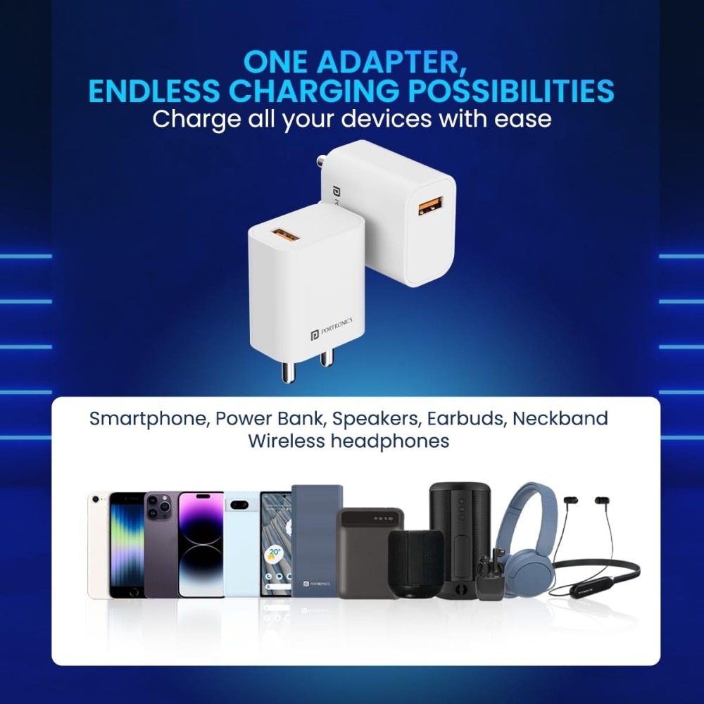 Portronics Adapto One Plus 18W 3A Fast Charging Adapter with 1M Micro USB Cable (White) | USB Wall Charger for iPhone, iPad & Samsung