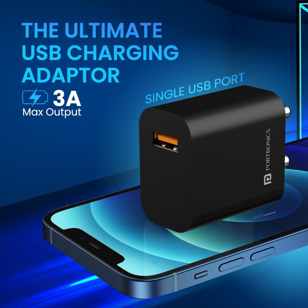 Portronics Adapto One Plus 18W 3A Fast USB Charger with 1M Micro USB Cable, Fast Charging Adapter for iPhone, iPad & Samsung – (Black)