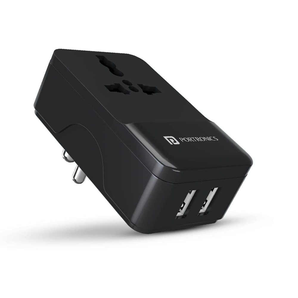Portronics Adapto III Dual USB Adapter with AC Power Socket 3.4A Fast Charger-(Black)
