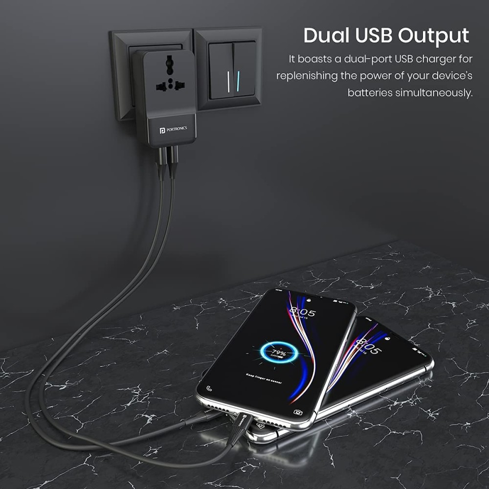 Portronics Adapto III Dual USB Adapter with AC Power Socket 3.4A Fast Charger-(Black)