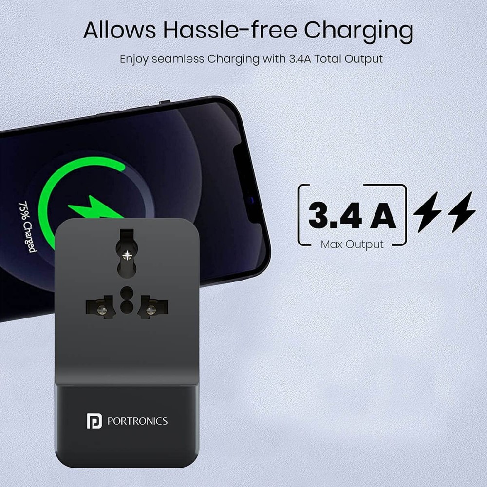 Portronics Adapto III Dual USB Adapter with AC Power Socket 3.4A Fast Charger-(Black)