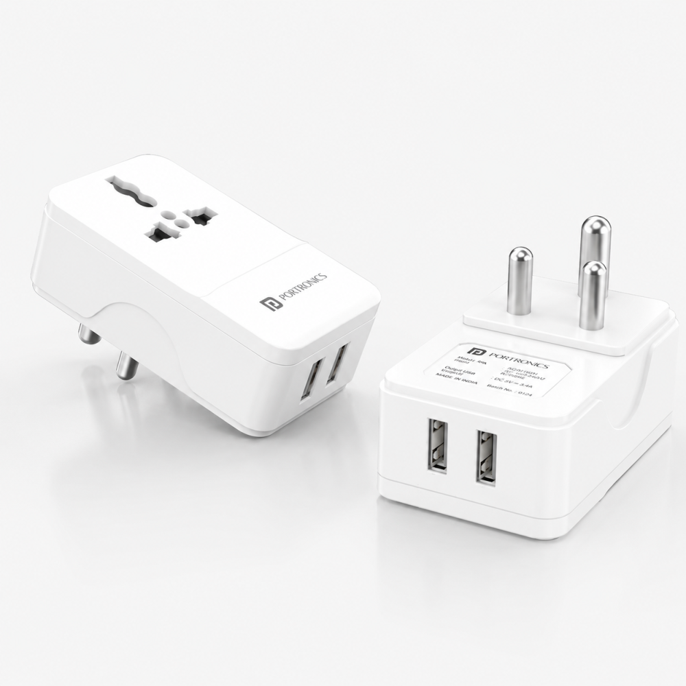 Portronics Adapto III Dual USB Adapter with 1 AC Power Socket, Dual USB Ports, 3.4A Fast Charging Output – (White) | Universal Travel & Home Charger