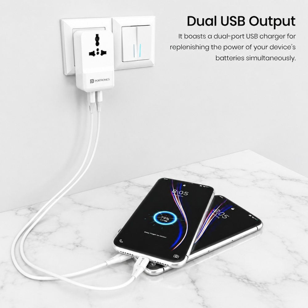 Portronics Adapto III Dual USB Adapter with 1 AC Power Socket, Dual USB Ports, 3.4A Fast Charging Output – (White) | Universal Travel & Home Charger