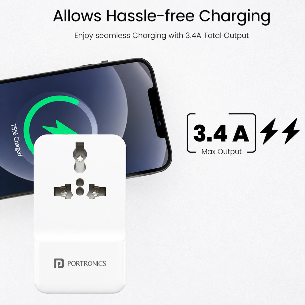Portronics Adapto III Dual USB Adapter with 1 AC Power Socket, Dual USB Ports, 3.4A Fast Charging Output – (White) | Universal Travel & Home Charger