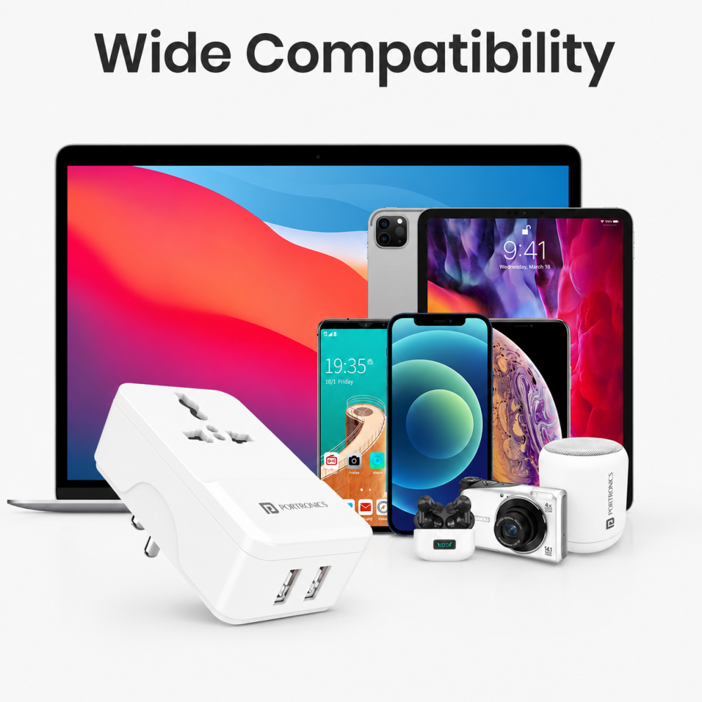 Portronics Adapto III Dual USB Adapter with 1 AC Power Socket, Dual USB Ports, 3.4A Fast Charging Output – (White) | Universal Travel & Home Charger