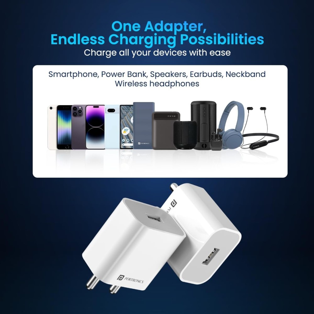 Portronics Adapto 12 12W 2.4A Fast Wall Charger for iPhone, iPad & Samsung Smartphones – (White) | USB Mobile Charger