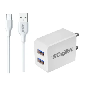 Digitek® (DMC 101 C) 2-in-1 Dual USB Travel Charger 5V/3.1A with 1 Meter Type-C Cable 3A, Adapter with Multi Protection, Compatible with Android Smartphones, Tablets, Earbuds, Speakers & USB 