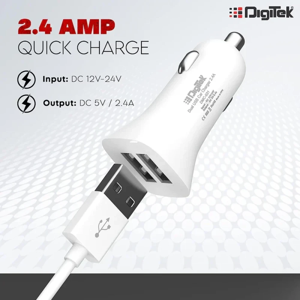 Digitek® (DMC 031) Dual USB Fast Car Charger 2.4A, High-Speed Car Adapter with Multi Protection Compatible with Cars for iPhone & Android Smartphone, PowerBank, Smartwatch, Headphone