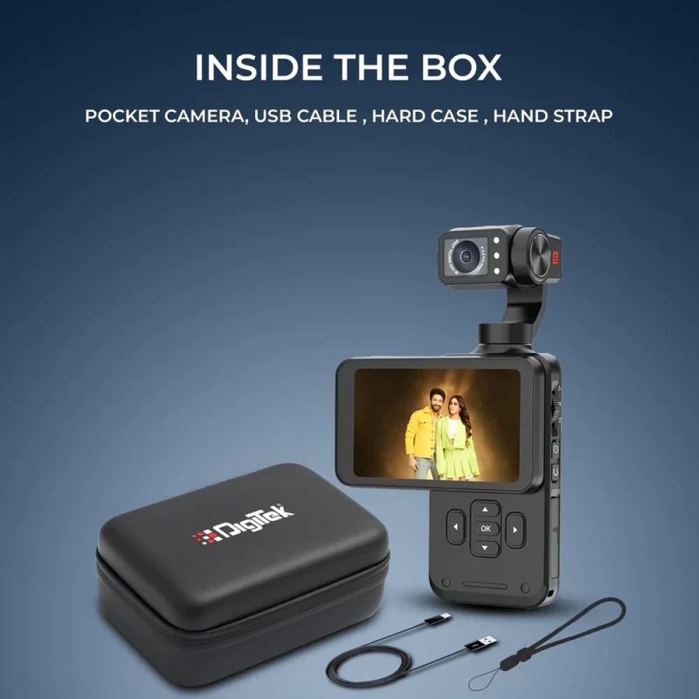 Digitek® (DAC 202) 5K 3-Axis Handheld Action Camera with AI Face Tracking, 3.5” Rotating Screen, 48MP Sensor, Wi-Fi, Night Vision & External Mic Support