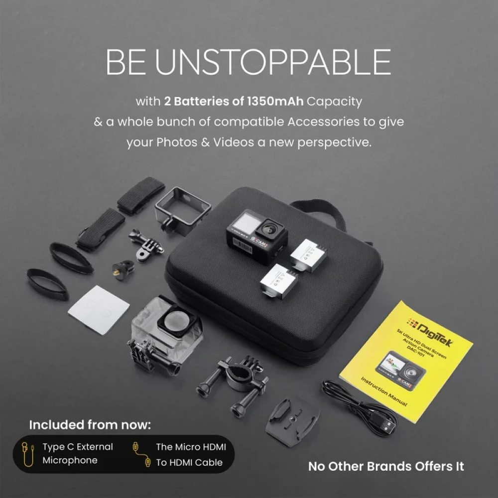 Digitek® GoCAM (DAC-101) 5K 30FPS 48MP WiFi Ultra HD Sports Action Camera| Dual TouchScreen|6-Axis Gyro EIS Stabilization | MIC Support Waterproof | 2 Batteries (Black)