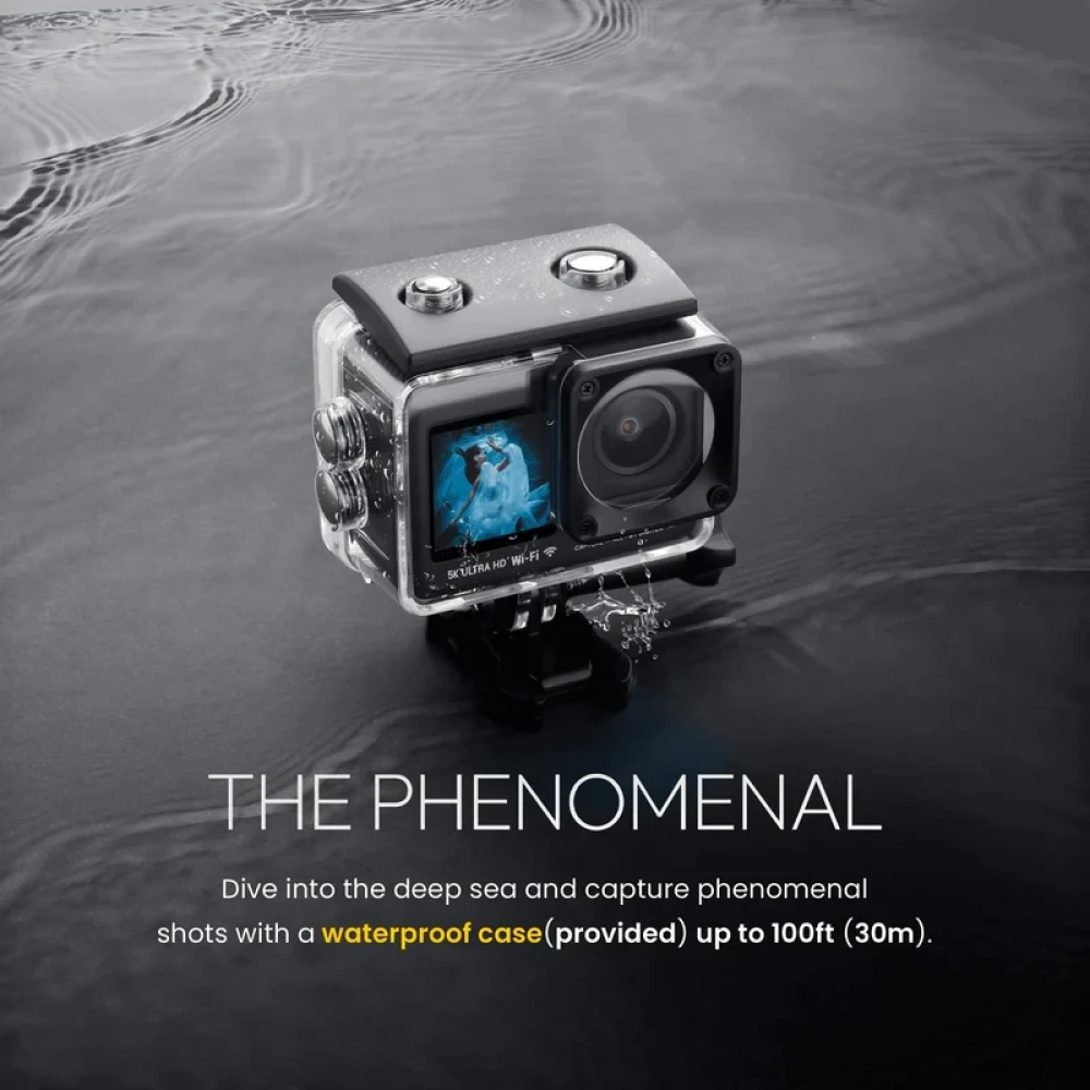 Digitek® GoCAM (DAC-101) 5K 30FPS 48MP WiFi Ultra HD Sports Action Camera| Dual TouchScreen|6-Axis Gyro EIS Stabilization | MIC Support Waterproof | 2 Batteries (Black)