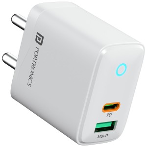 Portronics Adapto 35B 35W Dual Port Fast Charging Adapter | USB-C PD + USB-A PPS Charger for iPhone, Samsung & Android - (White)