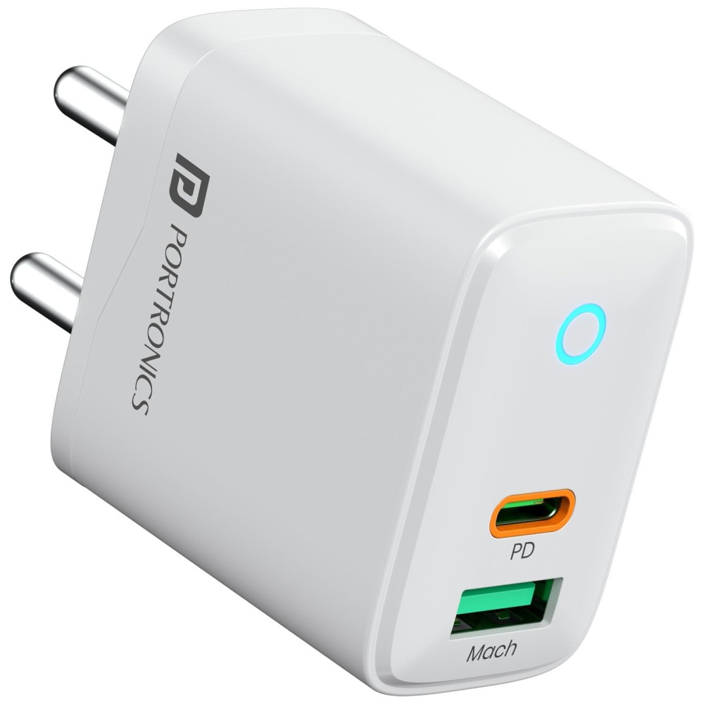 Portronics Adapto 35B 35W Dual Port Fast Charging Adapter | USB-C PD + USB-A PPS Charger for iPhone, Samsung & Android - (White)