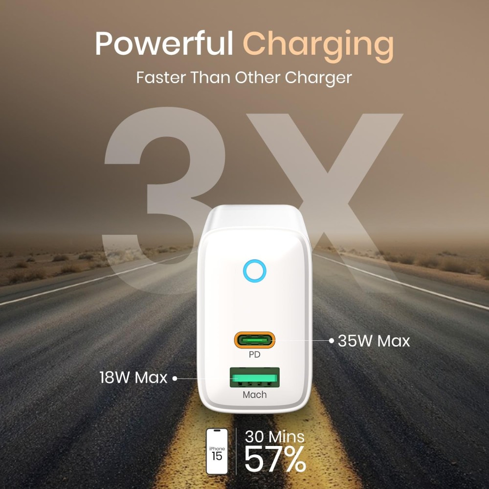 Portronics Adapto 35B 35W Dual Port Fast Charging Adapter | USB-C PD + USB-A PPS Charger for iPhone, Samsung & Android - (White)