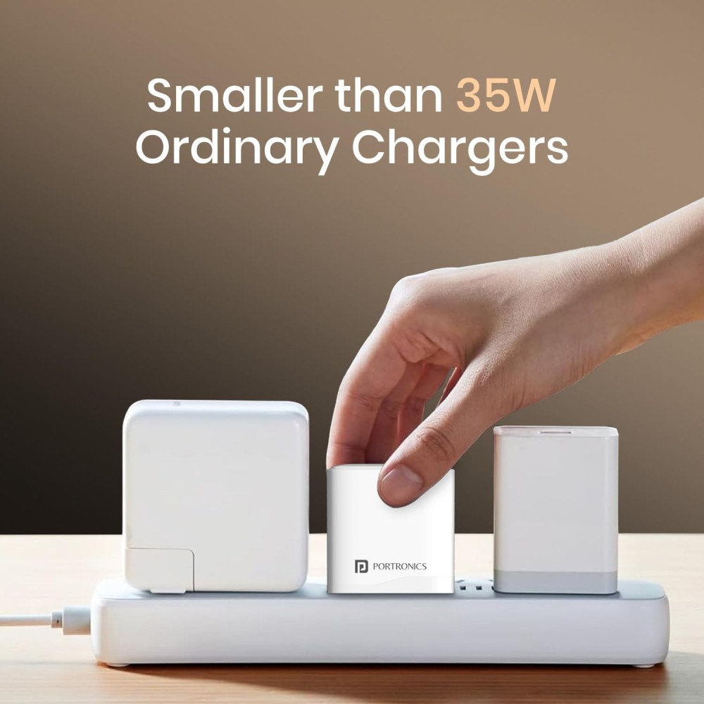 Portronics Adapto 35B 35W Dual Port Fast Charging Adapter | USB-C PD + USB-A PPS Charger for iPhone, Samsung & Android - (White)