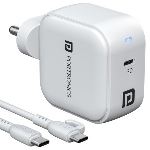Portronics Adapto 45C 45W Type-C Super Fast Charger with USB-C Cable | PD Fast Charging Adapter for Samsung Galaxy S24/S23, iPhone, Nothing, Note, Z Fold/Flip - (White)