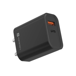 Portronics Adapto 45 22.5W Fast Charger Adapter with Dual USB-A & USB-C PD Port | Mobile Charger with Short Circuit Protection - (Black)