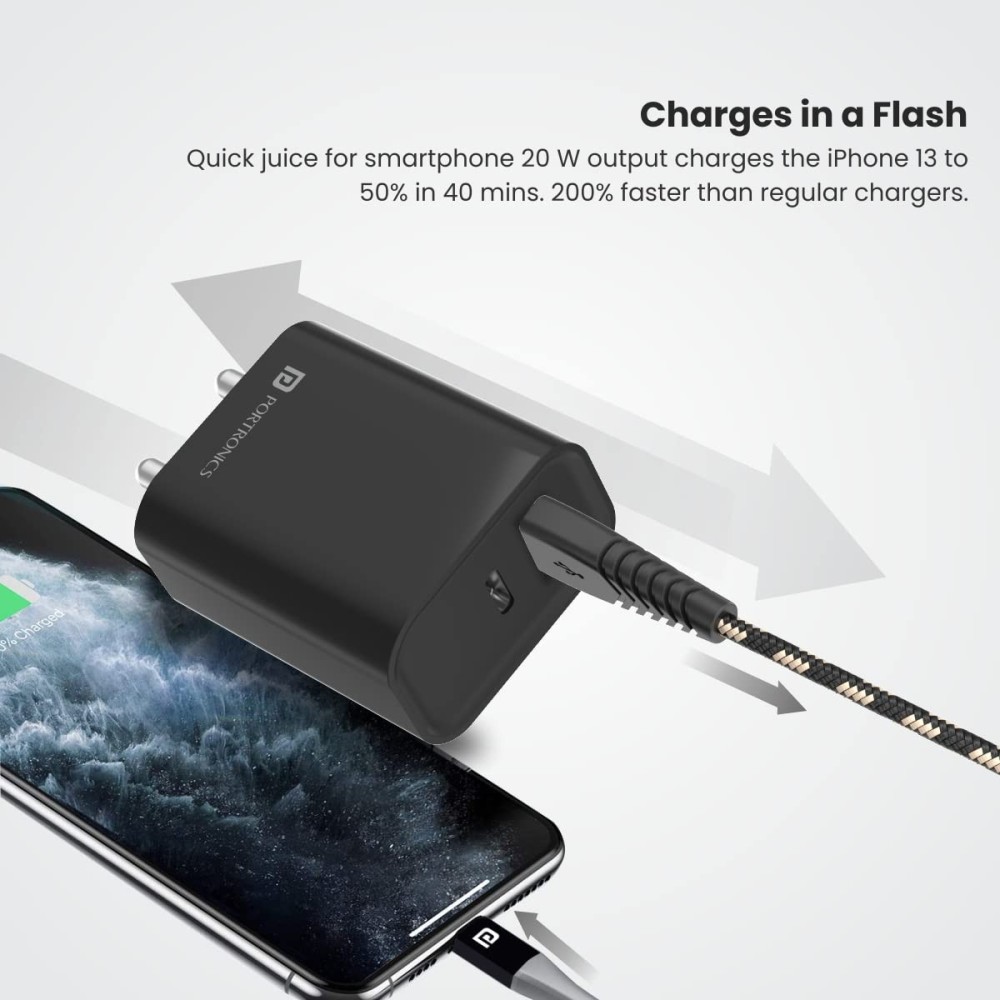 Portronics Adapto 45 22.5W Fast Charger Adapter with Dual USB-A & USB-C PD Port | Mobile Charger with Short Circuit Protection - (Black)