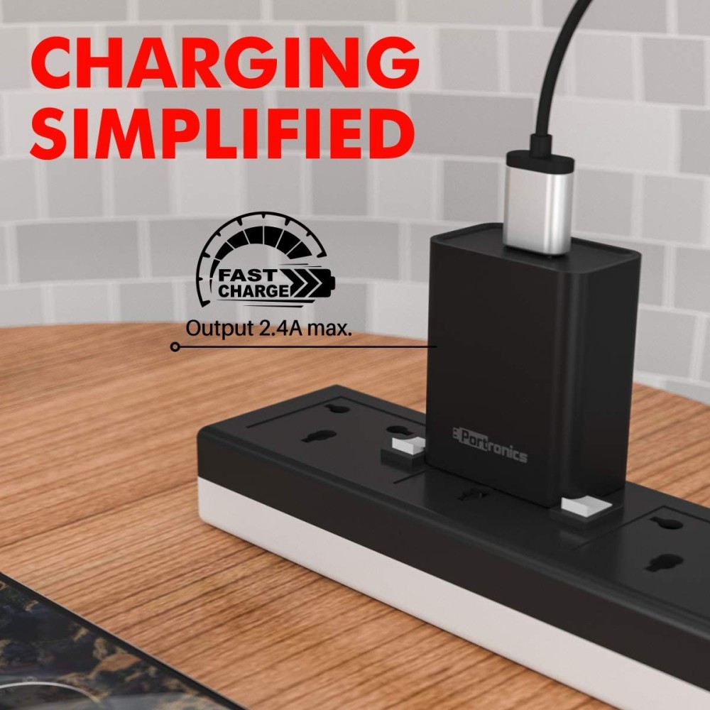 Portronics Adapto 62 M 12W 2.4A Fast Wall Charger with 1M Micro USB Cable, Single USB Charging Adapter for iPhone, iPad & Android Smartphones - (Black)