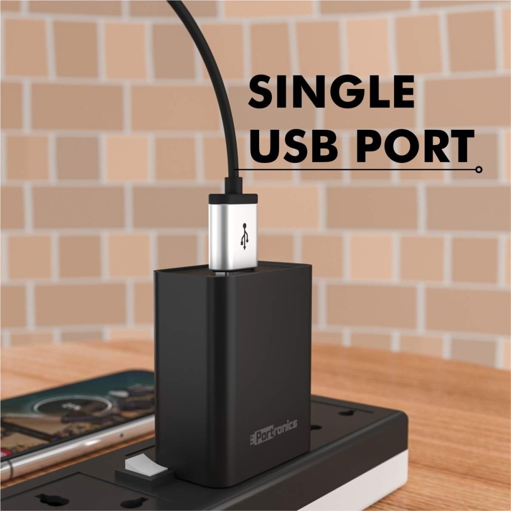 Portronics Adapto 62 M 12W 2.4A Fast Wall Charger with 1M Micro USB Cable, Single USB Charging Adapter for iPhone, iPad & Android Smartphones - (Black)